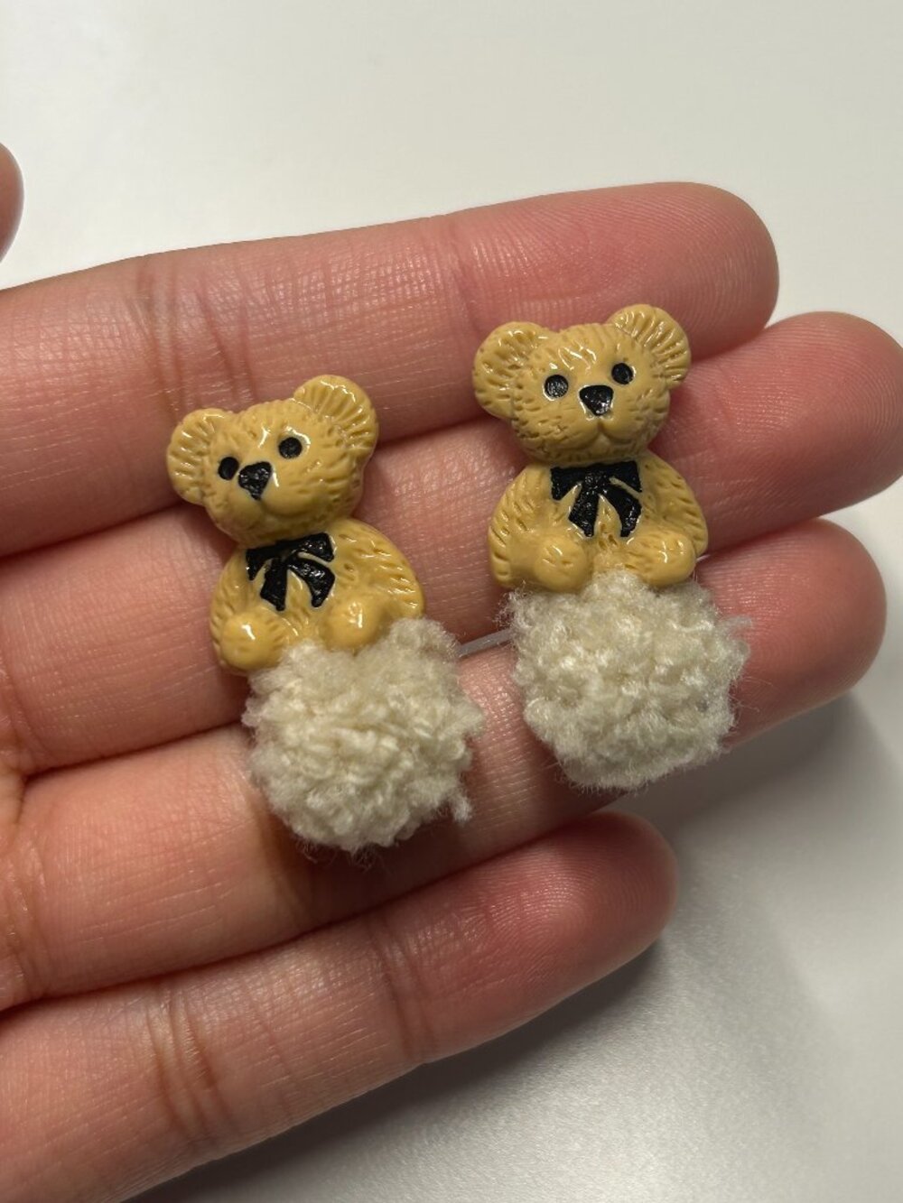 Cute Fuzzy Teddy Bear Pom Pom Stud Earrings Kawaii Kidcore Whimsical Fun Playful